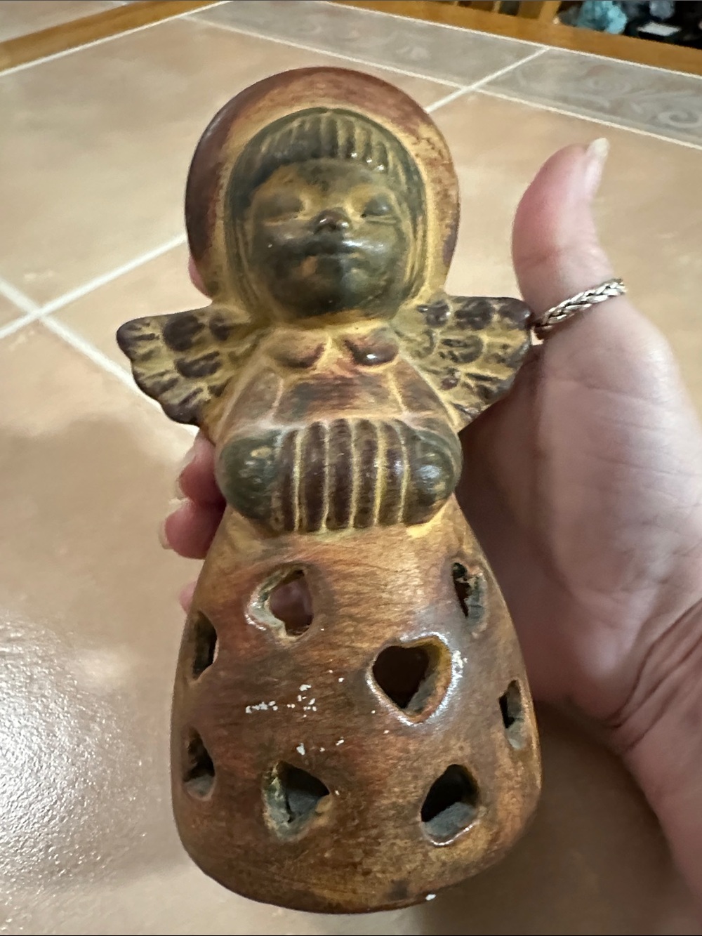 VTG Mexican folk art pottery angel luminary candle/incense holder